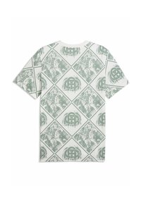 T-shirt a manica corta bianca con stampa a motivo a diamante verde, caratterizzata da disegni astratti e loghi del marchio distribuiti su tutta la superficie.