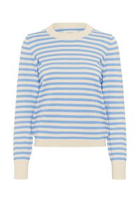 Pull rayé avec des bandes horizontales bleu clair et crème, col rond et poignets côtelés, fabriqué en matière tricotée douce.