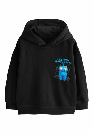 Black hoodie with blue cartoon cat and text "KPOP DEMON HUNTERS" on the chest, featuring a wide hood and long sleeves.