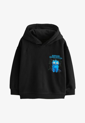 Schwarzer Hoodie mit blauem Cartoon-Katzenmotiv und dem Text "KPOP DEMON HUNTERS" auf der Brust, mit weiter Kapuze und langen Ärmeln.