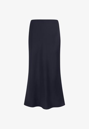 Marineblauer, hoch taillierter Midirock mit leichtem Schwung und glattem Stoff, dargestellt auf weißem Hintergrund.