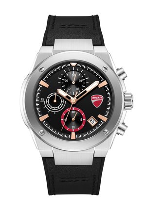 Zegarek naręczny z chronografem, czarną tarczą, różowo-złotymi indeksami, trzema subtarczami, okienkiem daty, logo Ducati, kopertą ze stali nierdzewnej i czarnym paskiem ze skóry.