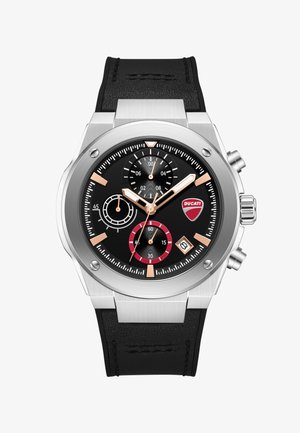 Zegarek naręczny z chronografem, czarną tarczą, różowo-złotymi indeksami, trzema subtarczami, okienkiem daty, logo Ducati, kopertą ze stali nierdzewnej i czarnym paskiem ze skóry.