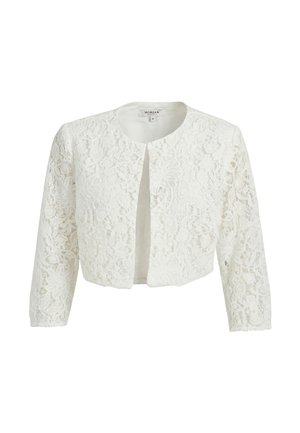 Witte cropped kanten jas met lange mouwen, ronde halslijn en open voorkant, met een gedetailleerd bloemrijk kanten patroon over het hele kledingstuk.
