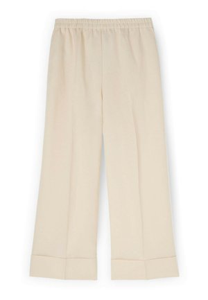 Bukser med brede ben i cremefarve med elastisk talje og opbukket kant, vist fladt på hvid baggrund.