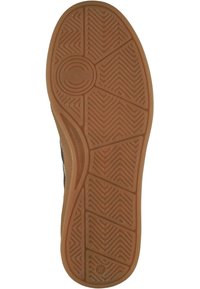 Suela de goma marrón con un patrón de banda de rodadura en zigzag y un logo circular. Forma ligeramente curvada, diseñada para tracción y flexibilidad.