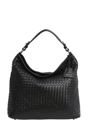 Sac à main en cuir tissé noir de forme hobo, doté d'une seule bandoulière réglable et d'une petite étiquette en cuir avec la marque.