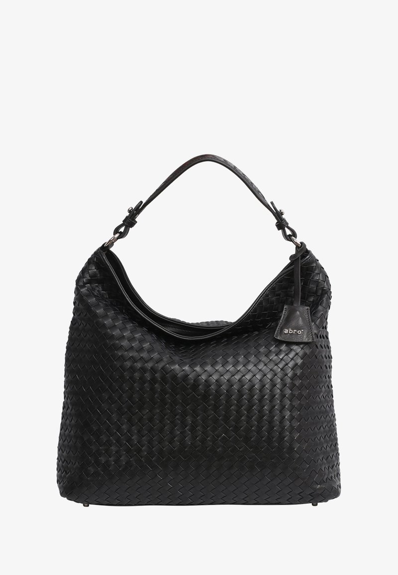 Sac à main en cuir tissé noir de forme hobo, doté d'une seule bandoulière réglable et d'une petite étiquette en cuir avec la marque.