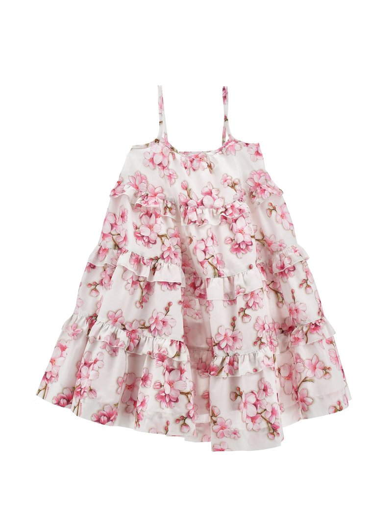 Vestido floral con capas con volantes, hecho de una tela ligera. Presenta estampados de flores rosas sobre un fondo blanco, con finas tiras ajustables.