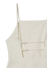 Beige Leinenkleid mit verstellbaren Spaghettiträgern und rechteckigem Ausschnitt mit mehreren Schlaufenakzenten auf der Rückseite.