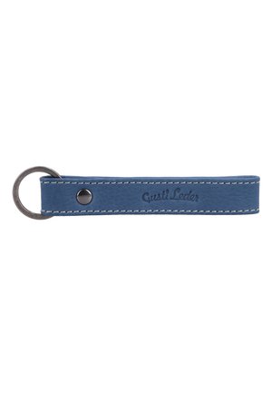 Blauer Leder-Schlüsselanhänger mit weißer Naht, einem Metallnieten und einem Metallring an einem Ende.