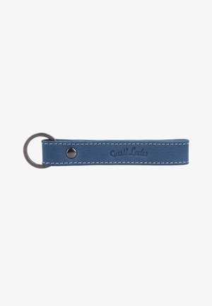 Blauer Leder-Schlüsselanhänger mit weißer Naht, einem Metallnieten und einem Metallring an einem Ende.