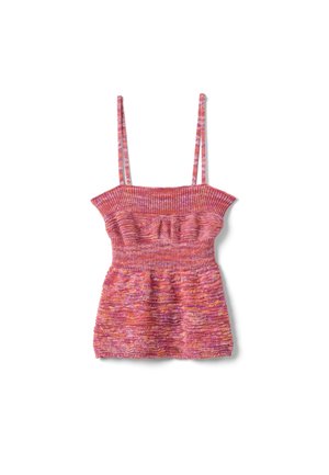 Top senza maniche lavorato a maglia rosa e arancione con busto a coste e motivo a punti misti, con spalline sottili e orlo leggermente svasato.