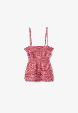 Top senza maniche lavorato a maglia rosa e arancione con busto a coste e motivo a punti misti, con spalline sottili e orlo leggermente svasato.