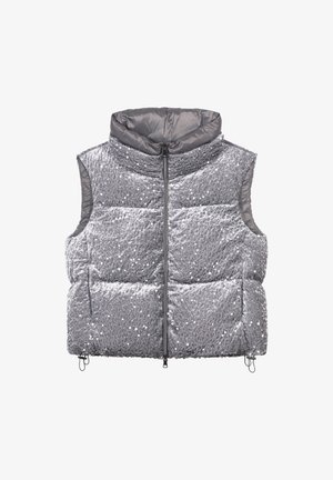 Silver puffer vest with a high collar, satin texture, sequined front, zippered closure, and elastic drawstrings at the hem.