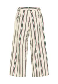 Pantalon blanc à jambes larges avec des rayures verticales noires, vertes et roses, doté de poches avant et de passants pour ceinture.