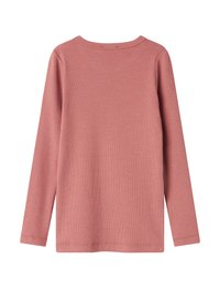 Long-sleeve, ribbed dusty pink shirt with crew neckline, shown from the back on a white background.