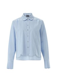Camicia azzurro chiaro con colletto classico, maniche lunghe e orlo con frangia. Realizzata in tessuto morbido con bottoni coordinati lungo la parte anteriore.