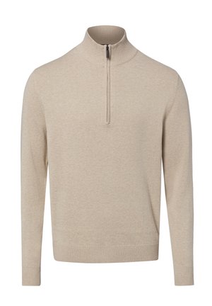 Beiger Langarmpullover mit hohem, geripptem Kragen und vorderem Viertel-Reißverschluss, gerippte Bündchen und Saum.