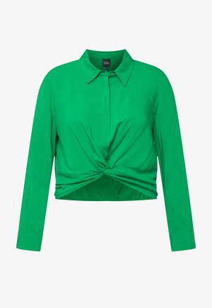 Zielona krótka bluzka z przodem w formie skrętu, długimi rękawami i spiczastym kołnierzykiem. Wykonana z gładkiego, lekkiego materiału.