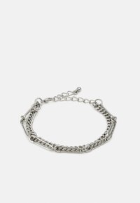Silver metal bracelet featuring a mix of chain styles, including flat and twisted links, with an adjustable closure and decorative accents.