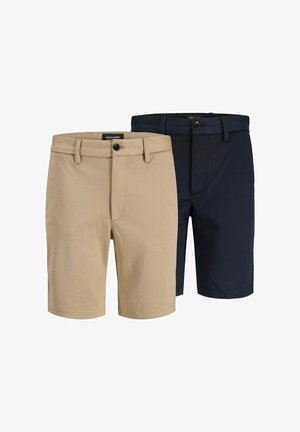 Kaksi paria shortsit: yksi vaaleanbeige ja toinen tummansininen. Molemmissa on klassinen muotoilu, jossa on vyölenkit ja etutaskut, valmistettu sileästä kankaasta.