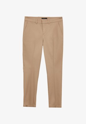 Beige chinos with a straight cut, made from smooth fabric. Features two front pockets and a concealed zipper closure.