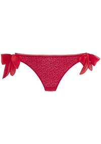 Rode kanten bikini onderkant met een luipaardpatroon, voorzien van doorschijnende stof en satijnen lintaccenten bij elke heup.