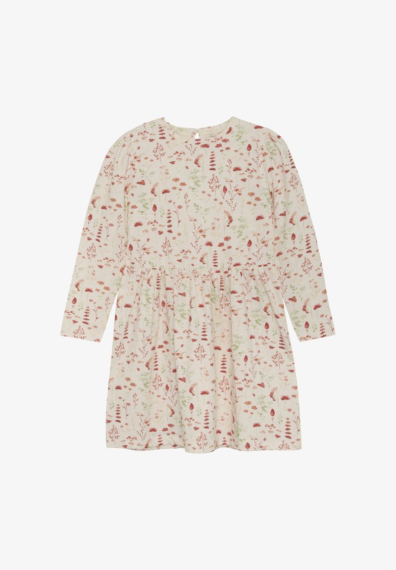 Robe à fleurs avec manches longues, en tissu doux. Présente un fond crème et un imprimé botanique rouge et vert, avec un détail de taille froncée.