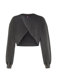 Sudadera corta de color gris oscuro con mangas largas, que presenta un diseño de espalda en capas y un cuello redondo. Hecha de tela suave con una textura lisa.