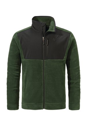 Fleecejacke in Dunkelgrün und Schwarz, mit hohem Kragen, Reißverschlussfront und kontrastierenden Stoffpaneelen an den Schultern.