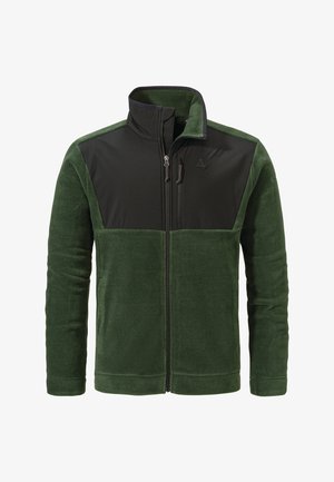 Fleecejacke in Dunkelgrün und Schwarz, mit hohem Kragen, Reißverschlussfront und kontrastierenden Stoffpaneelen an den Schultern.