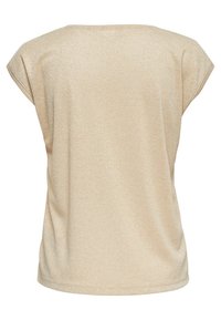 Beige metallisk kortærmet top med løs pasform, rund halsudskæring og blød tekstur. Simpelt design uden mønstre eller accenter.