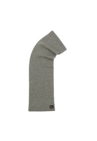 Sciarpa grigia lavorata a maglia con texture a coste e un distintivo motivo a zigzag. Completata con una piccola etichetta in tessuto marrone.