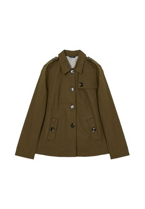 Giacca button-up verde oliva con colletto, due tasche frontali con patta, spalline sulle spalle e fodera interna a righe.