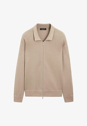 Beige Strickjacke mit langen Ärmeln, vollem Frontreißverschluss und Kragen, gerippten Bündchen und Saum, hergestellt von Massimo Dutti.