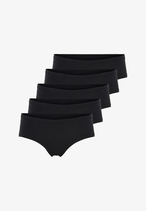Black cotton briefs in a pack of five, featuring a smooth texture, wide waistband, and a simple design without patterns or accents.