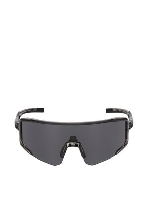 Zwart getinte sportzonnebril met een enkel gebogen glas en een stevig montuur, ontworpen voor buitenactiviteiten.