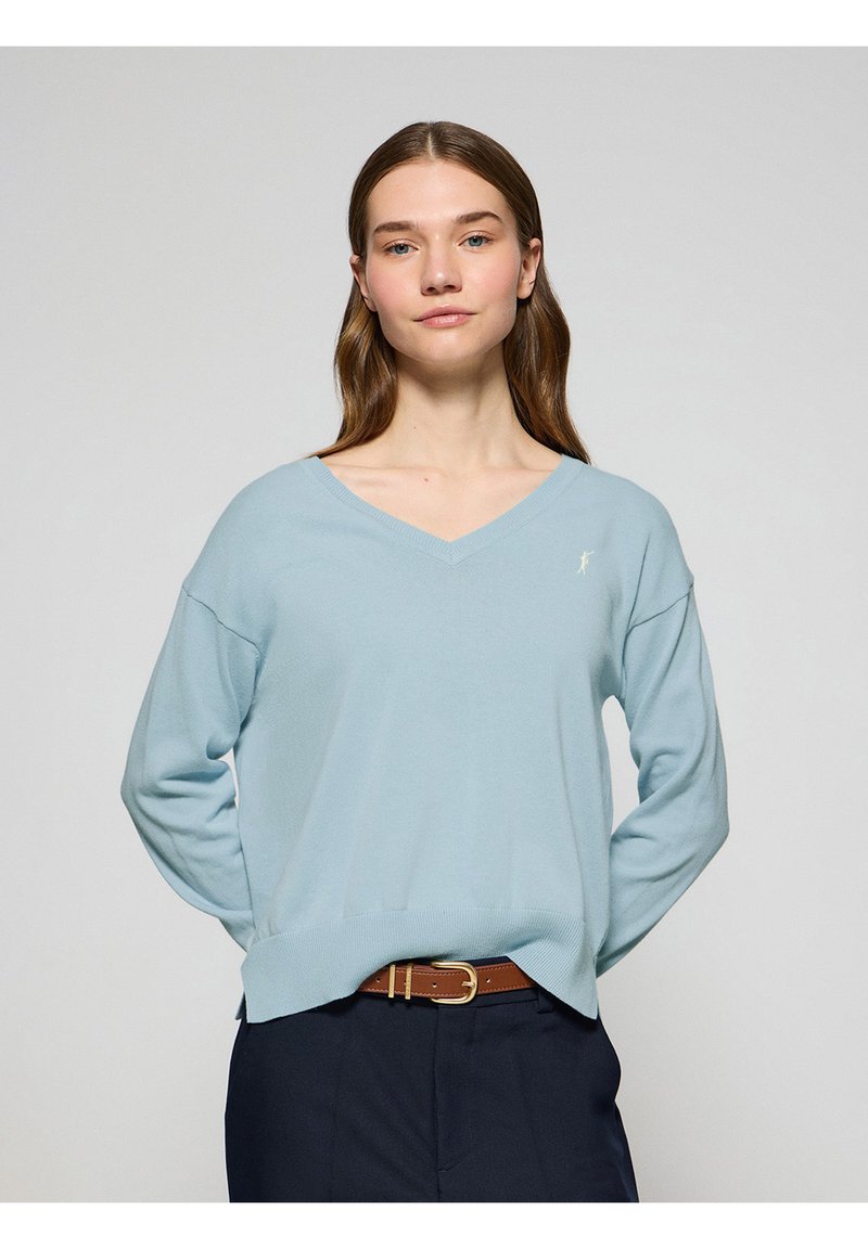 Maglione azzurro chiaro a V realizzato in materiale morbido, con maniche lunghe e orlo a costine, e un piccolo logo ricamato sul petto.