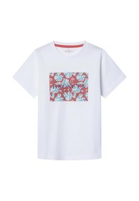 T-shirt bianco in cotone con una grafica floreale rettangolare blu e rossa sul davanti, dotato di maniche corte e collo rotondo.