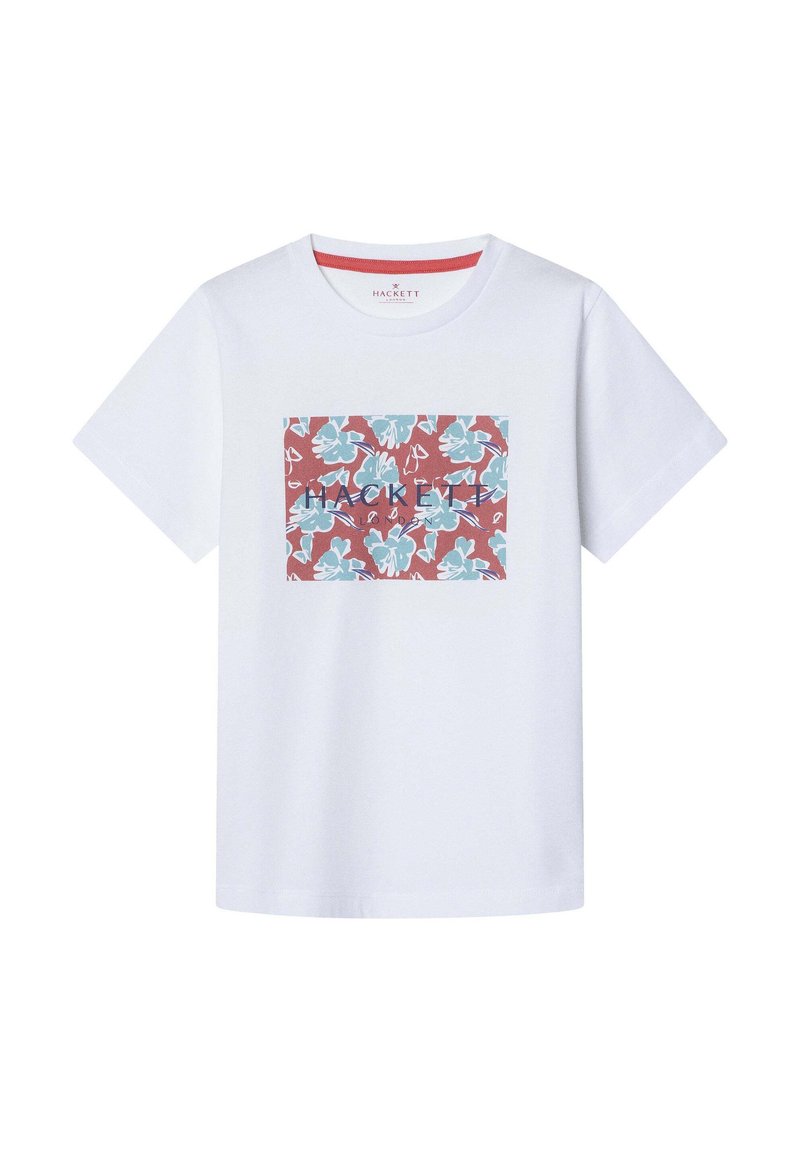 T-shirt bianco in cotone con una grafica floreale rettangolare blu e rossa sul davanti, dotato di maniche corte e collo rotondo.
