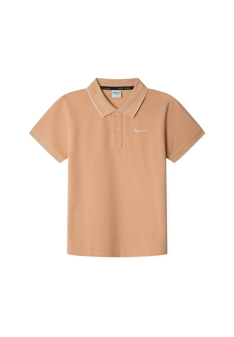 Polo beige in cotone, con colletto classico, maniche corte, pattina con due bottoni e bordi bianchi a contrasto sul colletto.