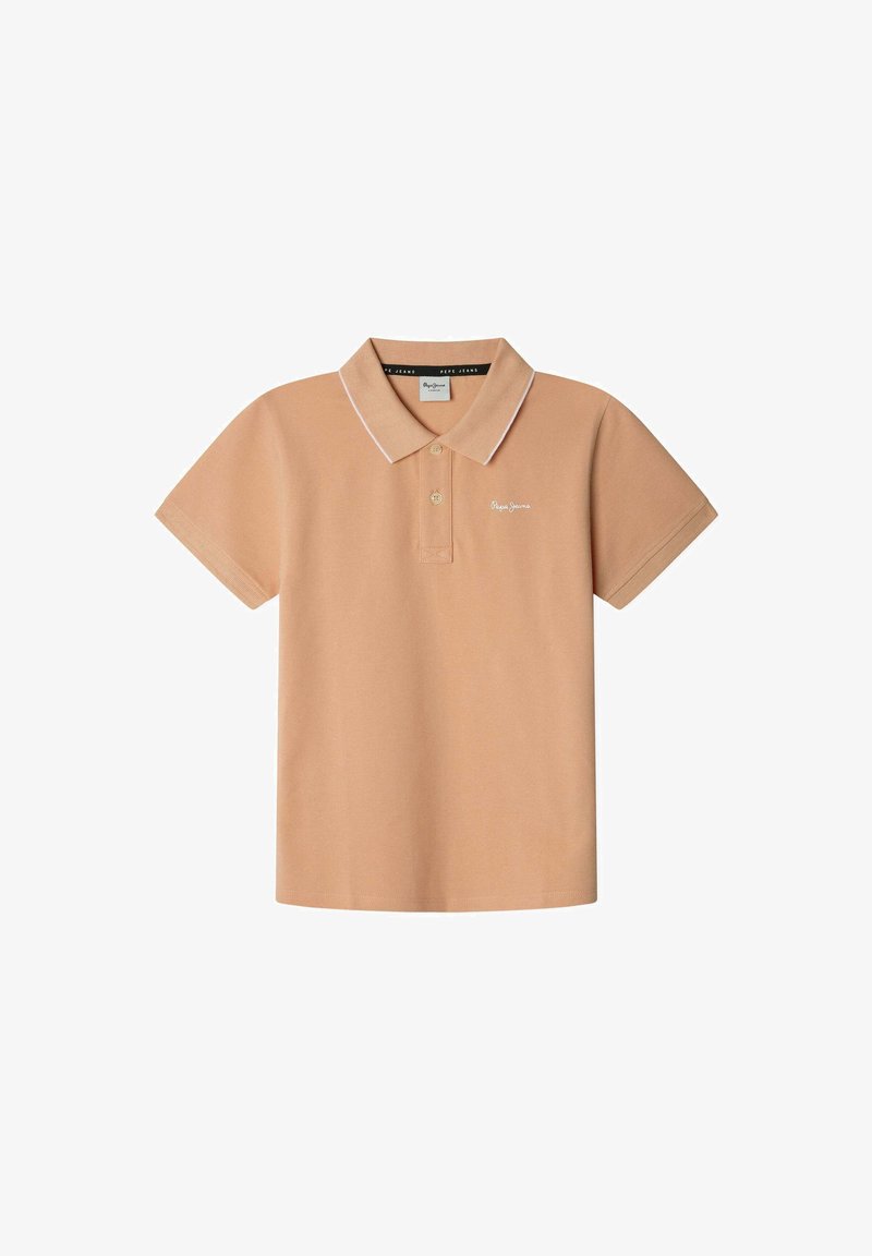 Beige polo paita, joka on valmistettu puuvillasta. Siinä on klassinen kaulus, lyhyet hihat, kahden napin läppä ja erottuva valkoinen reunus kauluksessa.