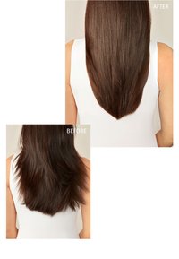Deux images côte à côte montrent des transformations capillaires : à gauche (avant), des cheveux en couches et ondulés ; à droite (après), des cheveux lisses et raides.