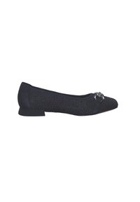 Ballerines tissées noires avec un bout rond, dessus en tissu, accents en daim et un détail en métal décoratif à l'avant. Talon bas.