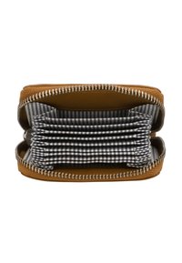 Brown zippered wallet with a textured exterior. Interior features multiple compartments lined with a black and white striped pattern.