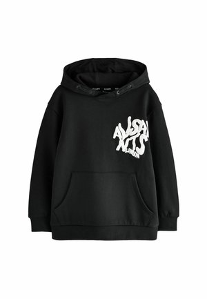 Svart hoodie i en blandning av bomull, med en framficka, dragskohuva och ett vitt grafiskt tryck på bröstet.