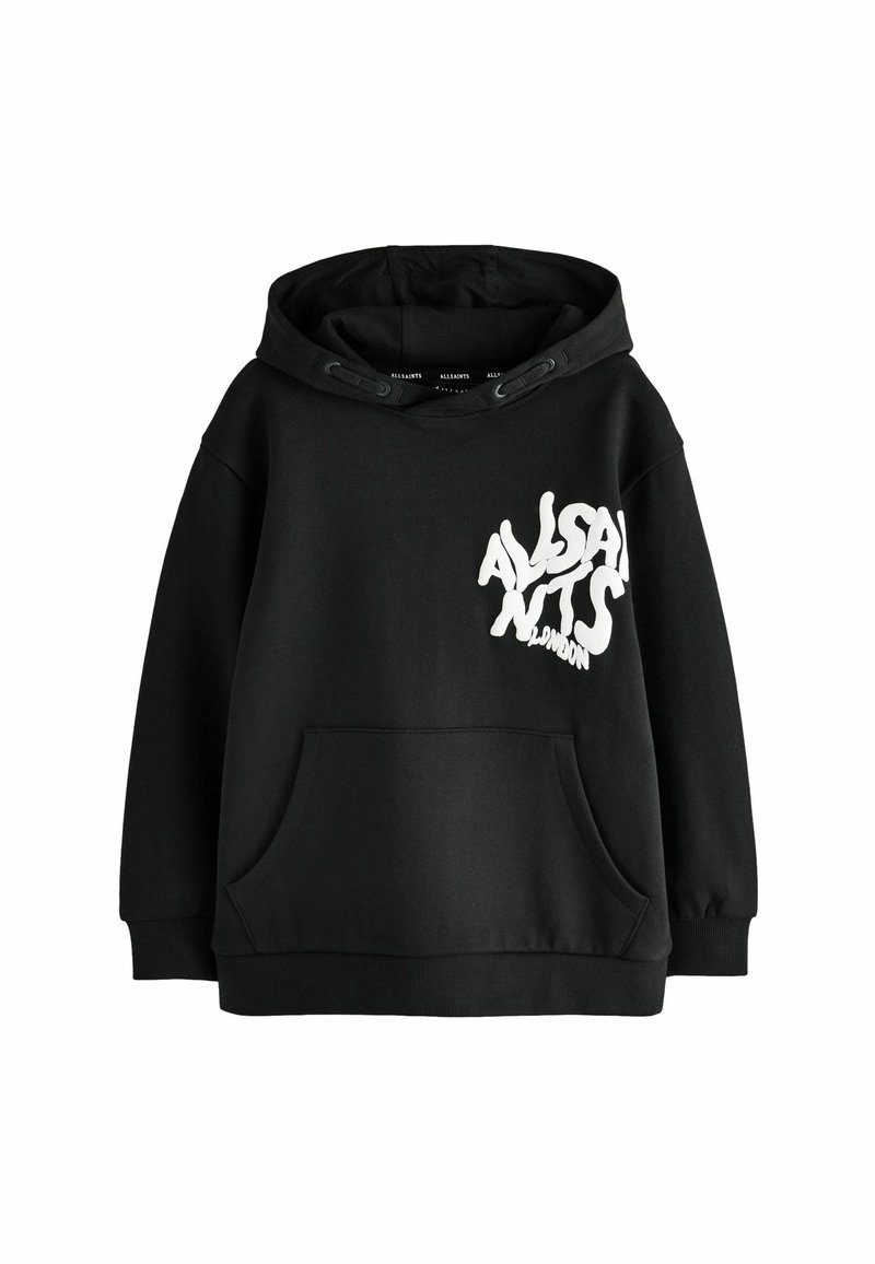 Černá mikina s kapucí vyrobená z kombinace bavlny, s přední kapsou, stahovací kapucí a bílým grafickým potiskem na hrudi.