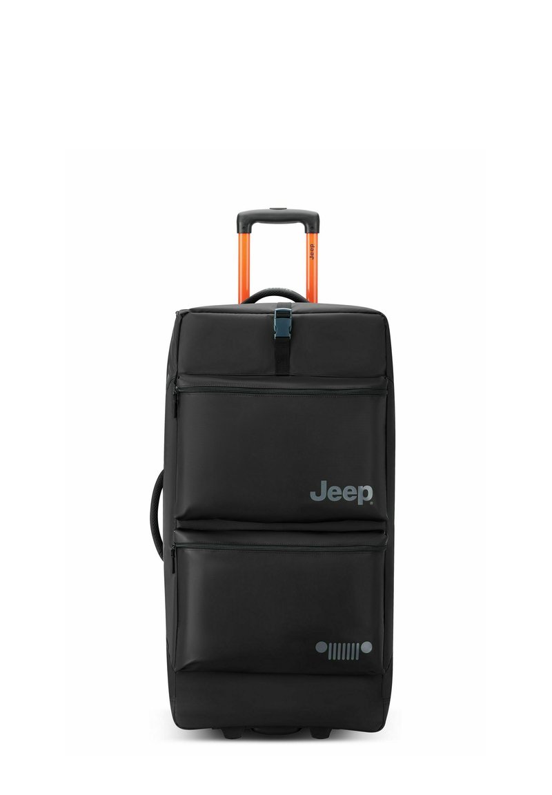 Valigia nera con due tasche frontali, manico telescopico arancione e logo Jeep. Texture liscia e forma rettangolare, progettata per i viaggi.