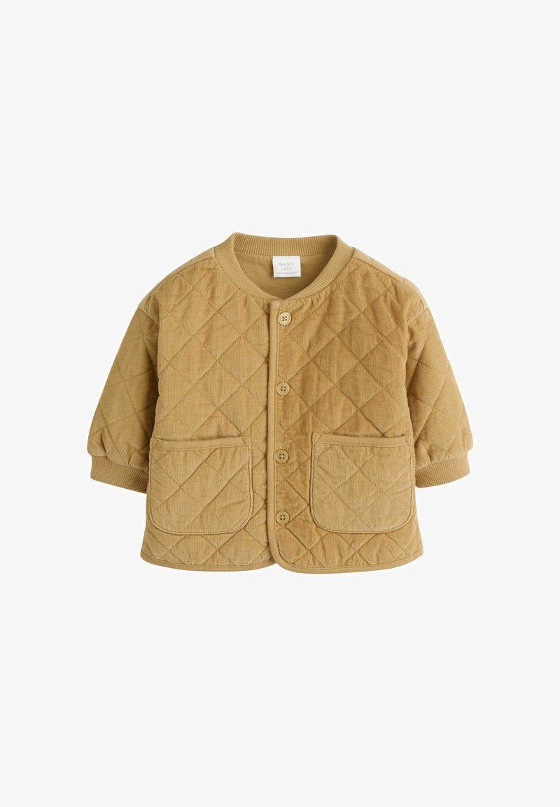 Beežika quiltitud beebijakk ümmarguse kaelusega, pikad varrukad, ees nupud ja kaks esimest taskut valgel taustal.